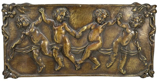 Antique European Cherubs Dancing Bronze Plaque