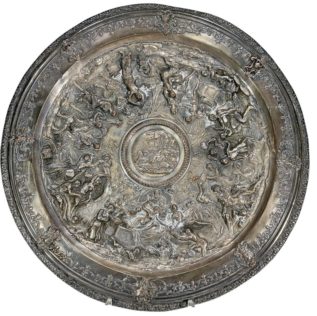 19th C Signed J.A. Theloi 1714 Grand Tour Charger: Bronze silverplated Grand Tour-style charger with high-relief classical scenes by J.A. Theloi, featuring a central figural medallion and dense narrative frieze, stamped 'THELOI' on the reverse. Measur