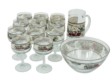 Vintage 'Friendly Village' Glass Punch 14pc SET