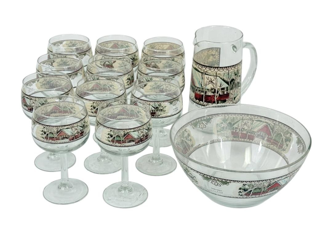 Vintage 'Friendly Village' Glass Punch 14pc SET (1 of 5)