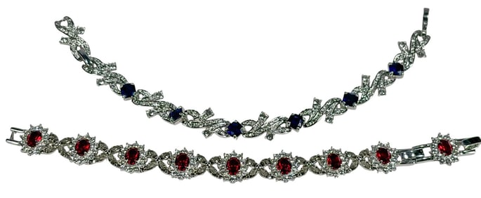 Silverplated Rhodium & Glass Bracelets 2pc LOT