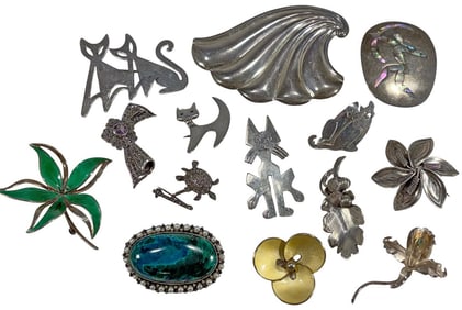 Sterling Silver 925 Enamel Brooches 14pc LOT