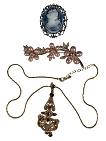 Gold-Silverplated Brooch, Necklace & Cameo 3pcs
