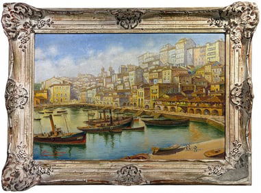 Italian Harbour Oil Painting on Masonite SIGNED