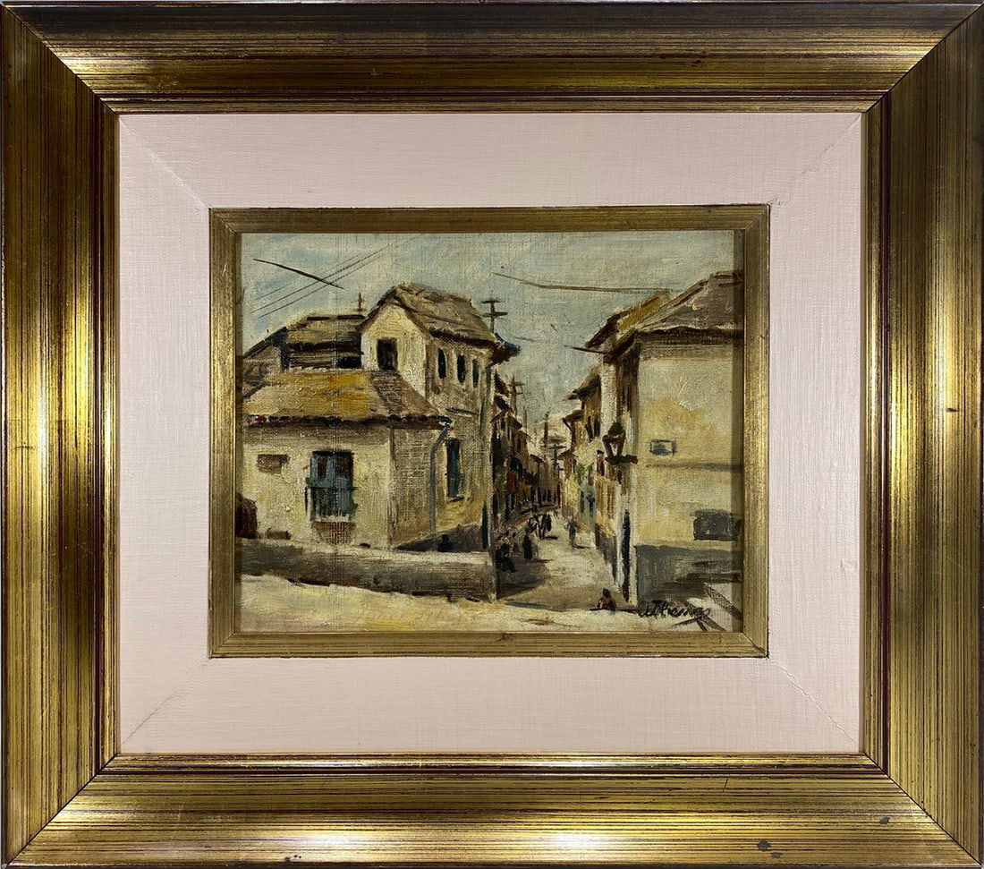 Vintage Oil Painting on Masonite Cityscape: Vintage oil painting on Masonite depicting a quiet city street with closely set houses, rendered in muted earth tones, presented in a gilt frame with linen liner. Signed to the lower right.Work Size: