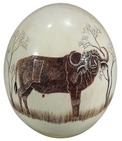 Hand Engraved Buffalo Painting on Ostrich Egg