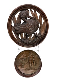 Hand Carved Wood Pelican & Bronze Plaques 2pc LOT