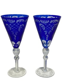 Pair Cobalt Blue Etched Cut to Clear Glasses