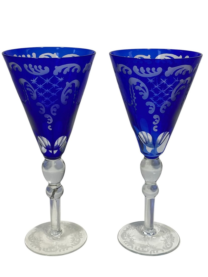 Pair Cobalt Blue Etched Cut to Clear Glasses (1 of 4)