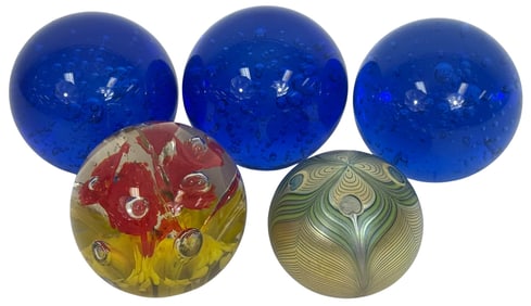 Group of Spherical Art Glass Paperweights 5pc LOT
