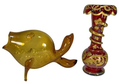 Bohemian Ruby Glass & Blenko-Style Fish 2pc LOT