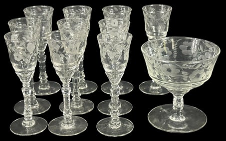 Etched Crystal Cordial & Champagne Glasses 11pcs