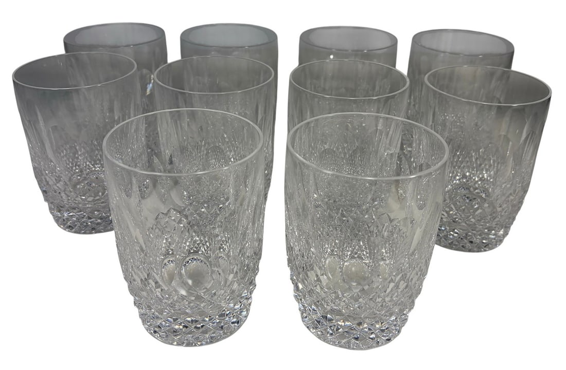 Waterford Colleen Crystal Water Glasses 10pc LOT: Ten Waterford Colleen crystal water glasses with oval thumbprints, diamond-cut lower bowls, and tapering sides. All with acid-etched Waterford marks on its bases. Each piece measures approximately 4.5