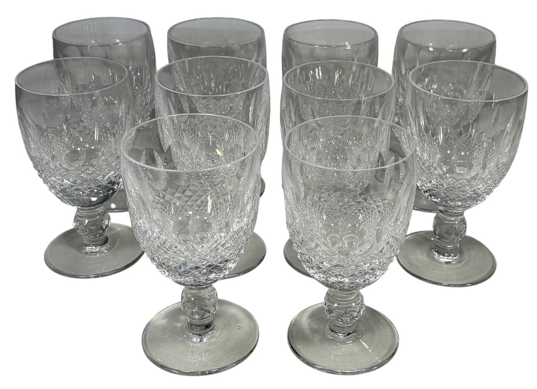 Waterford Colleen Crystal Liquor Glasses 10pc LOT: Ten Waterford Colleen crystal liquor glasses with thumbprint ovals, vertical cuts, diamond-cut bowls, and faceted stems. All with acid-etched Waterford marks on its bases. Each piece measures approxim