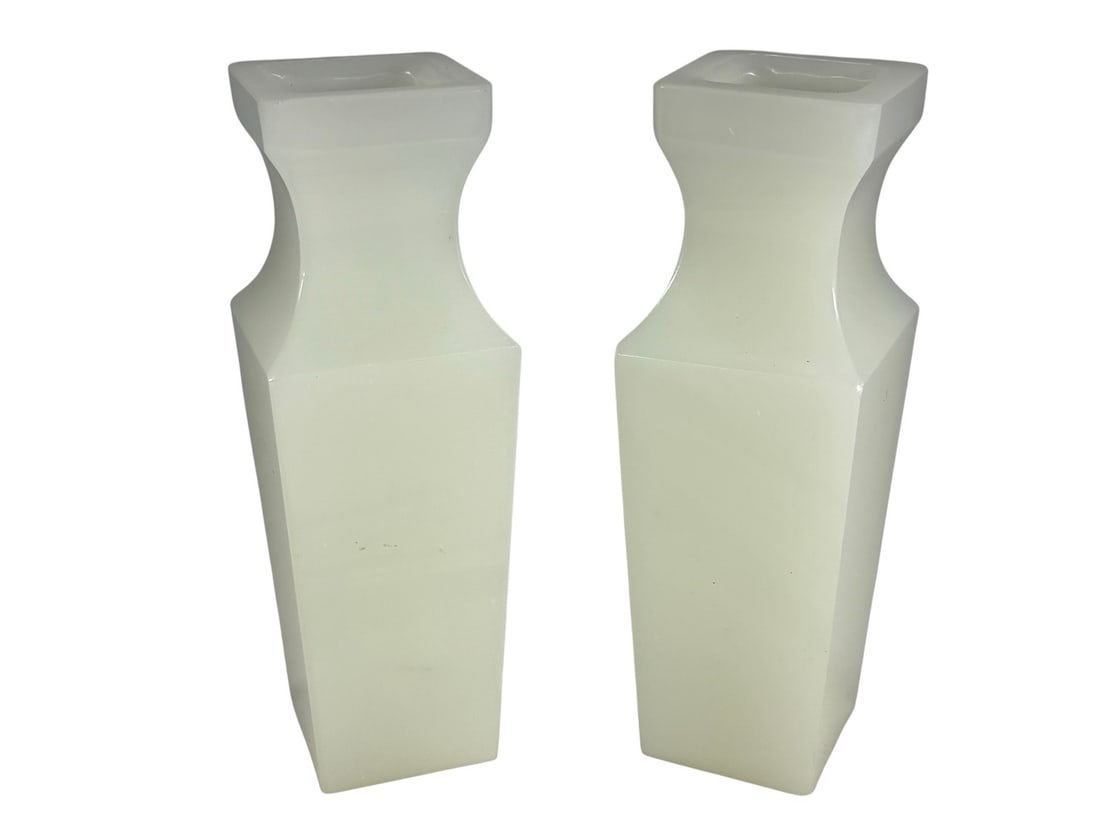 Pair of Chinese Hand Carved Pale Jade Glass Vases: Pair of pale green jade glass vases with square bodies tapering at the neck, each with a recessed square mouth and flat base. Both bases with molded Chinese character seal mark. Each piece measures ap