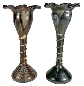 Loetz Style Hand Blown Art Glass Vases 2pc LOT