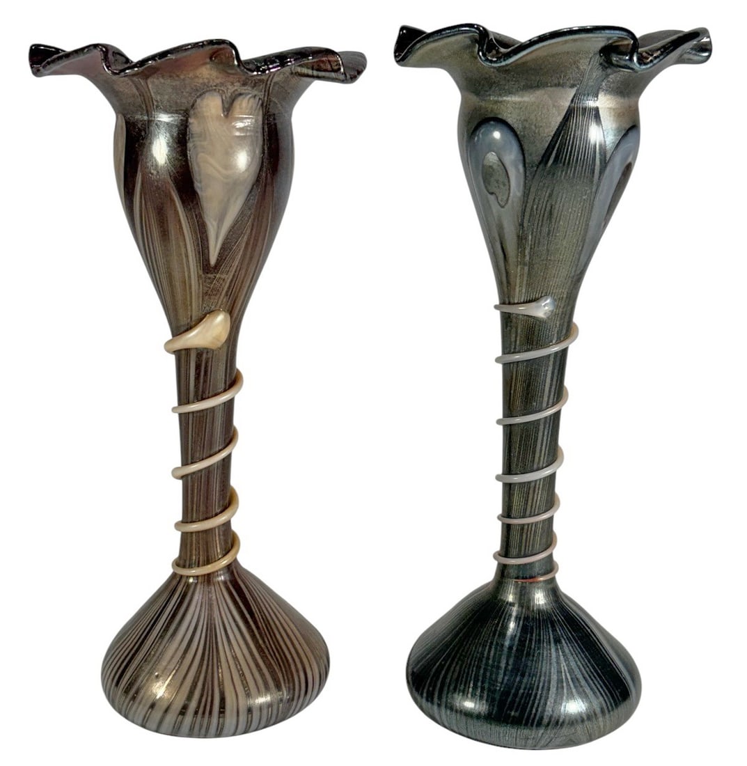 Loetz Style Hand Blown Art Glass Vases 2pc LOT (1 of 7)