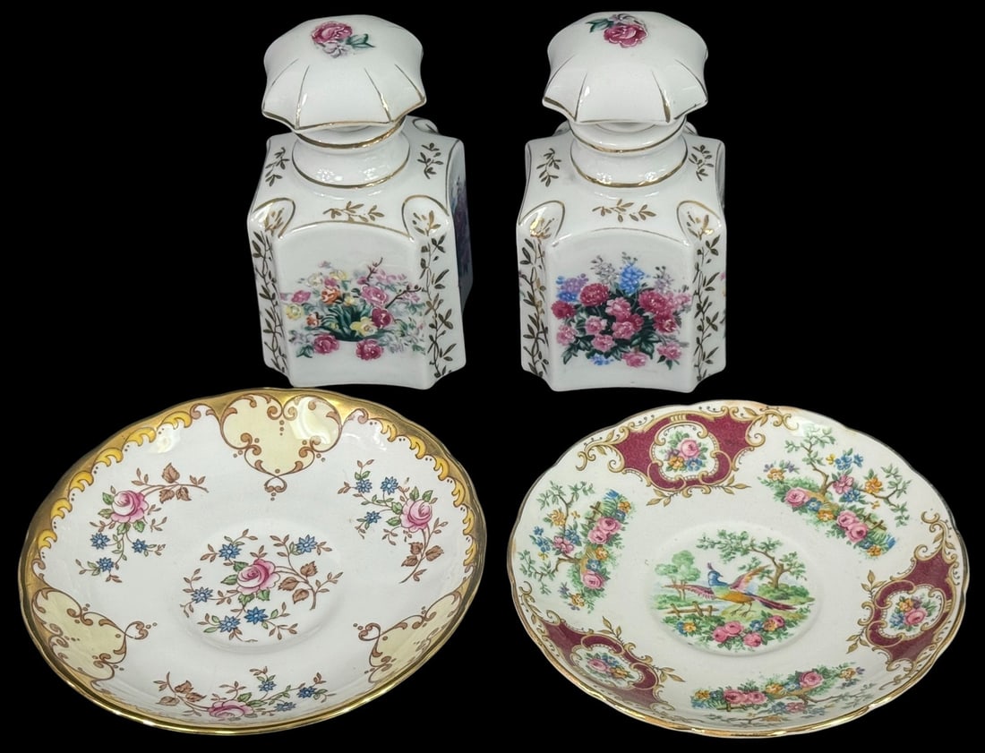 Decorative Hand-Painted European Porcelain 4pc LOT: Four-piece lot of two hand-painted porcelain tea caddies and two English bone china saucers. The two saucers are stamp marked underneath their bases, one produced by Foley and the other by Tuscan. The