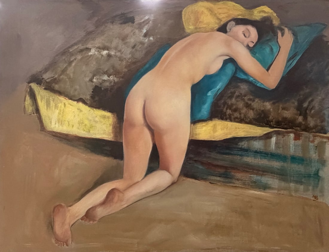 Mark Gregoire French Nude Oil Painting on Masonite: Marc Olivier Gregoire (French, 1897 - 1991) oil painting on masonite, depicting a reclining nude woman kneeling beside a bed with vivid teal and yellow pillows, rendered in warm naturalistic tones aga