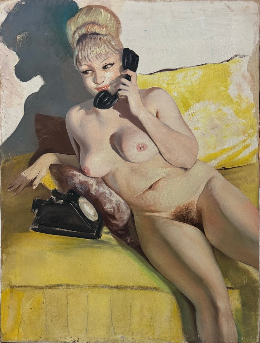 Mark Gregoire French Nude Oil Painting on Wood: Marc Olivier Gregoire (French, 1897 - 1991) oil painting on masonite, depicting a reclining nude blonde woman on a yellow sofa holding a black rotary phone, rendered in warm soft modeling with strong