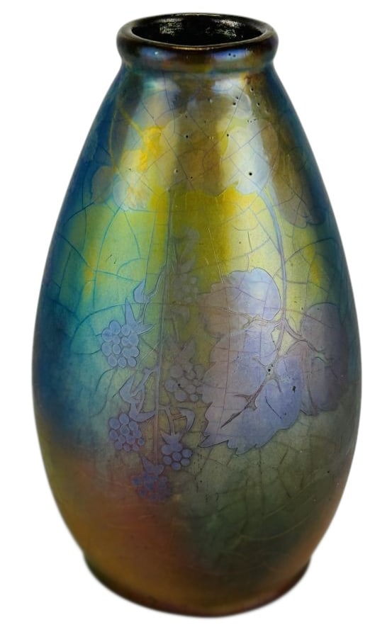 Montieres Art Nouveau Iridescent French Glass Vase: Antique French Art Nouveau glass vase having a floral motif with an iridescent glaze. Organic shaped body with an open mouth over low sloped shouldered body. Smooth polished finish. Signed Montieres t