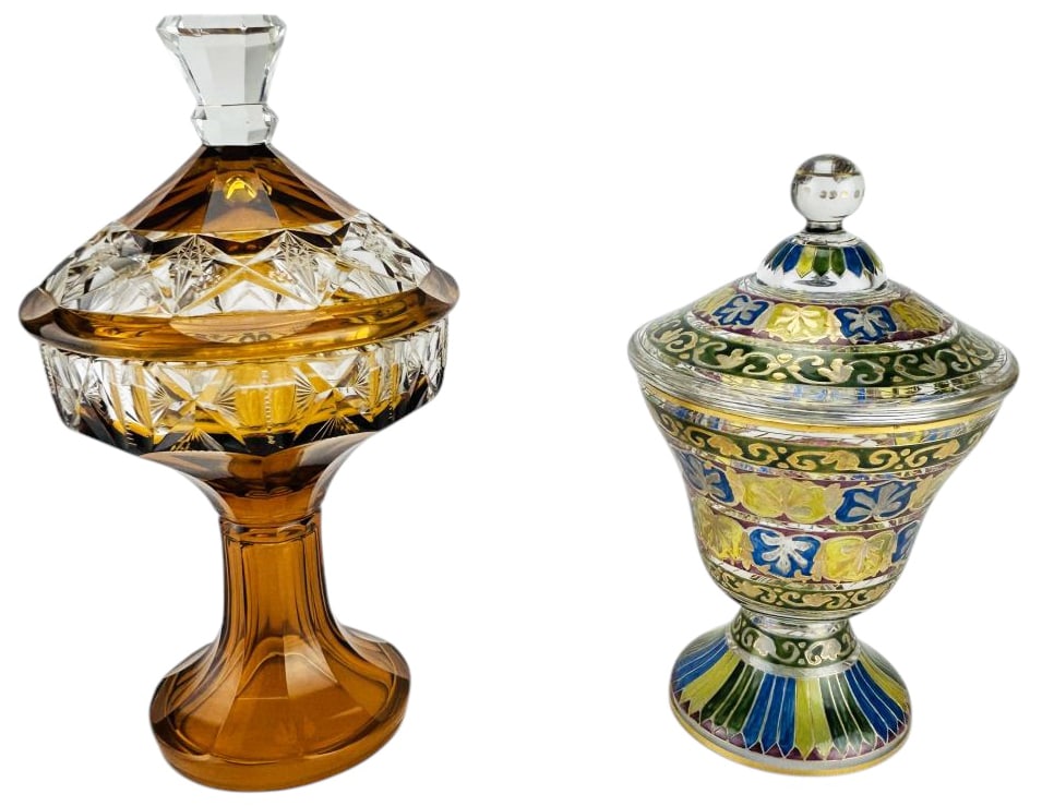 Czech Amber Cut Clear & Enamel Glass Compotes 2pc (1 of 6)