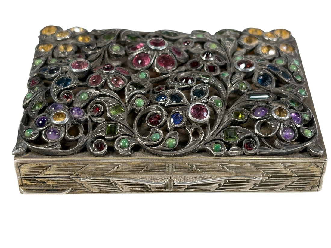 Vintage Italian 800 Silver Mirrored Powder Box: European .800 silver compact powder box with floral repousse lid set with colorful glass stones. Engraved sides and chased underside. Worn interior mirror with powder compartment. The total weight is