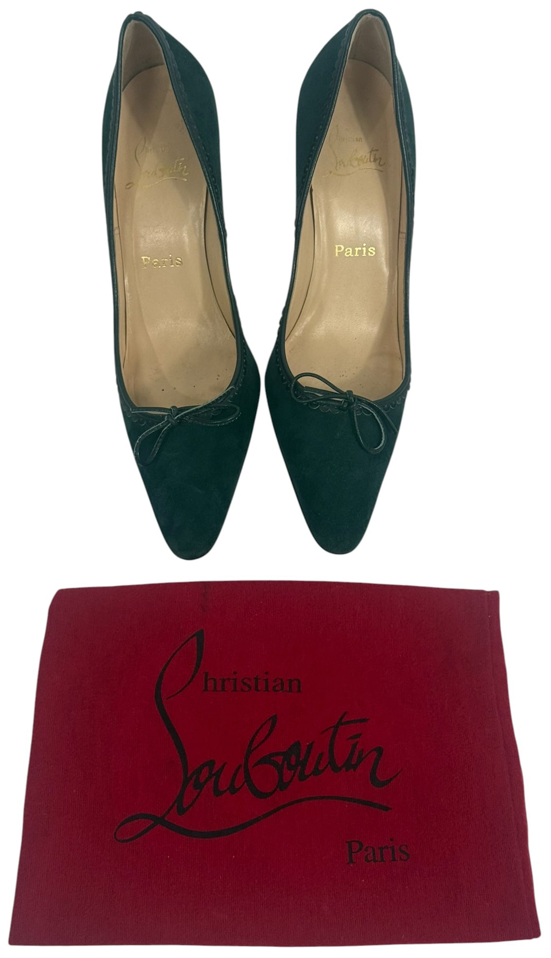 Christian Louboutin Green Suede Pointed Toe Heels: Pair of Christian Louboutin heels in deep green suede with classic pointed toes and feminine bow detailing at the vamp. The shoes are finished with signature scalloped leather trim and the iconic red