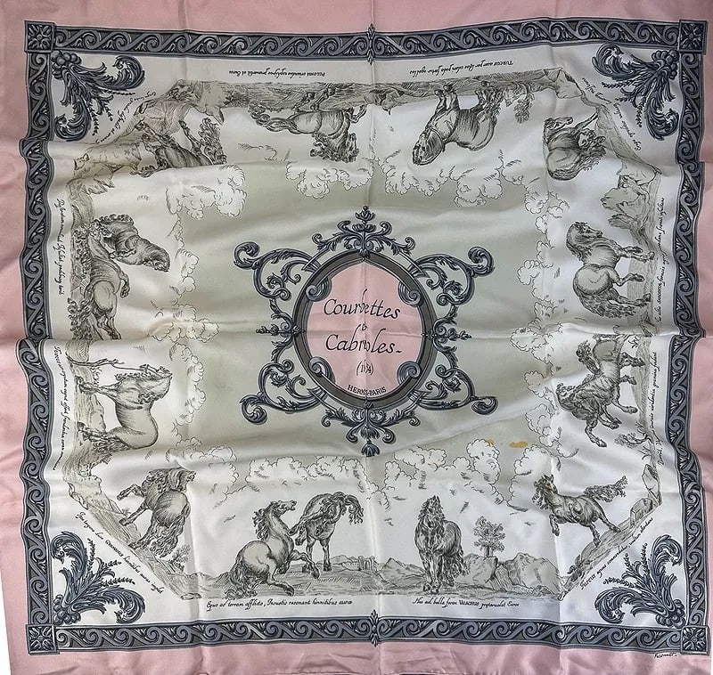 Hermes Faconnet Courbettes et Cabrioles Silk Scarf: Hermes Paris France, luxury designer silk twill scarf titled Courbettes et Cabrioles (1654), designed by Christiane Vauzelles under the pseudonym Faconnet. This equestrian themed carre features classi