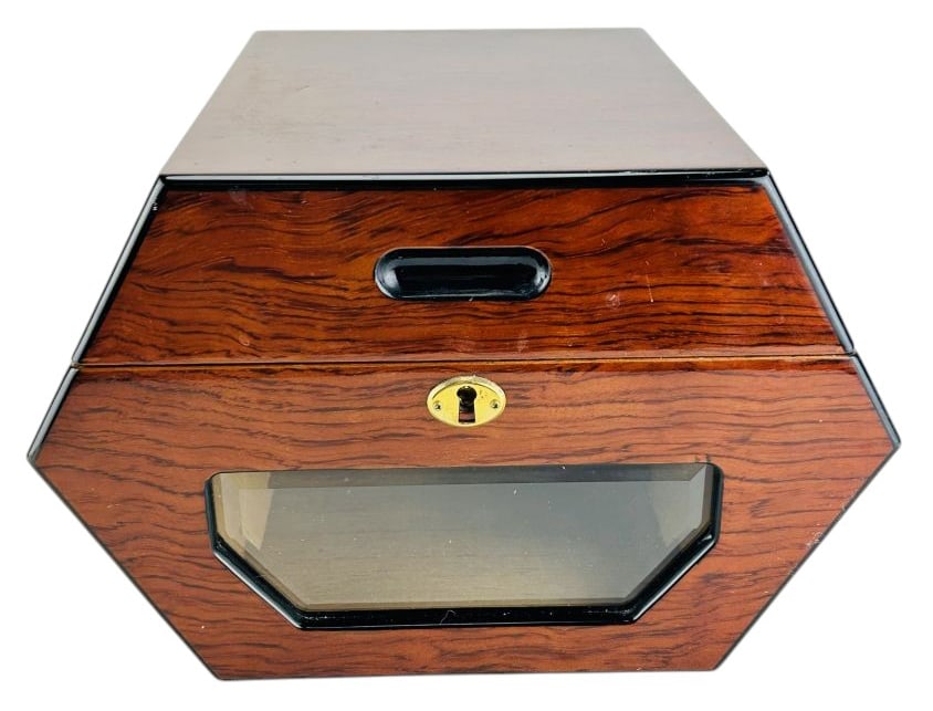 Don Salvatore Wood Humidor Cigar Display Case Box: Tobacciana related wooden cigar humidor by Don Salvatore with trapezoidal cabinet form. Exterior shows faux wood grain finish, glass viewing panel, brass tone lock, recessed lift slot. Interior lined