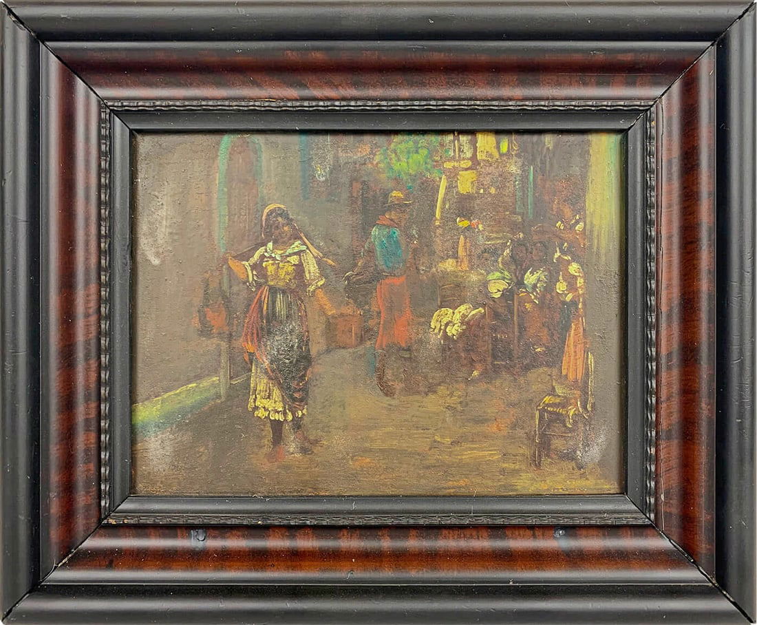 Antique European Oil Painting on Wood: Antique European oil painting on wood panel of an interior market scene with figures among baskets and produce. Rich earthy tones with textured brushwork. Housed in a wood frame.Work Size: 7.75 x 11