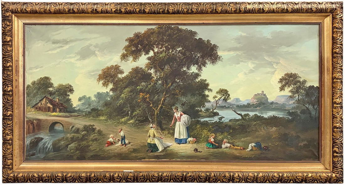 Miguel Montaner, Spanish Oil Painting on Canvas: Miguel Montaner (Spanish, 1860 - 1940) oil painting on canvas pastoral scene with women and children by a river and bridge, cottage beyond. Soft natural colors. Signed. Ornate gilt frame.Work Size:
