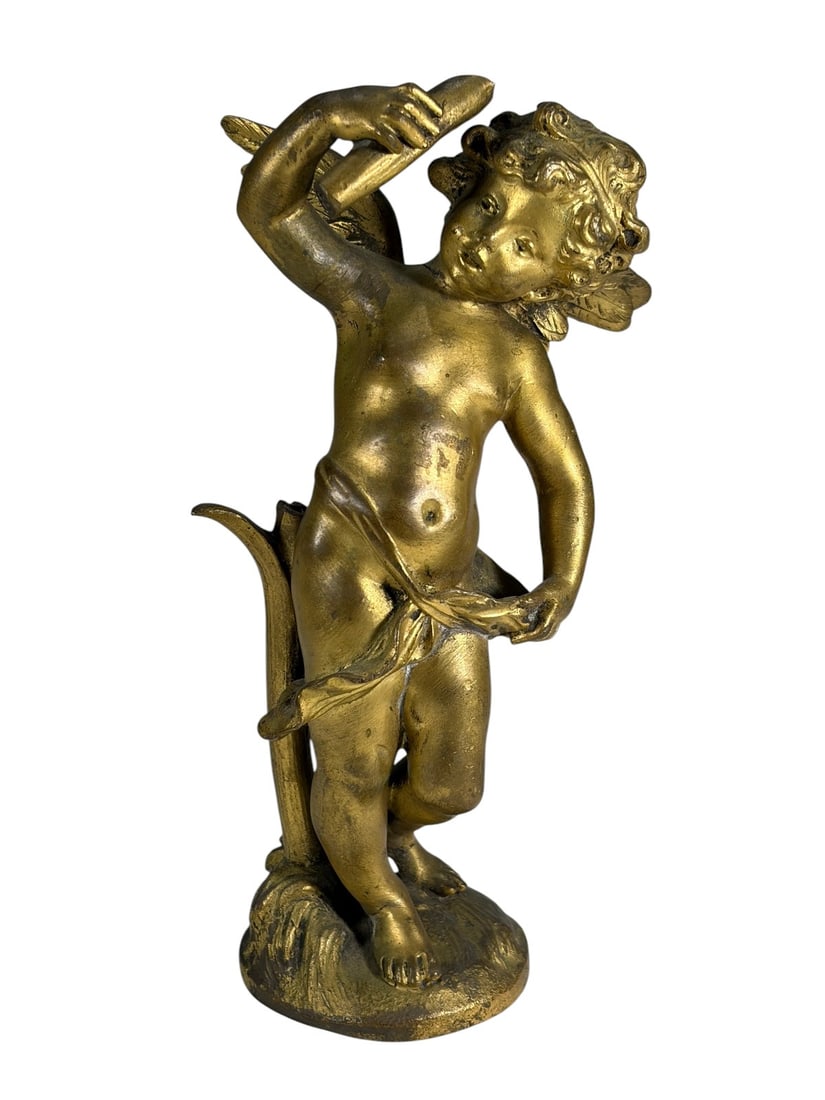 Auguste Moreau b.1834 Cherub Bronze Sculpture: Auguste Moreau (French, 1834 - 1917) gilt bronze figure of a winged cherub with raised arm (missing held element), on an integral base signed 'Aug. Moreau.'Dimensions: 7 X 4 X 2.5 in. Condition: G