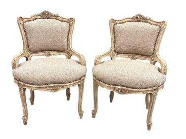 Pair of French Louis XV Style Beige Armchairs