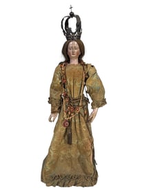 19th C Religious Wood & Fabric Doll Sculpture