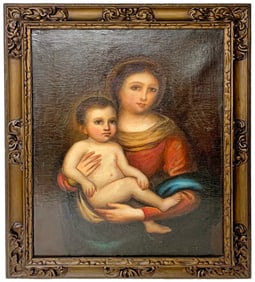 Antique Madonna & Child Oil Painting on Canvas