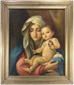 Antique Madonna & Child Oil Painting on Canvas