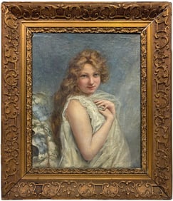 Antique European Girl Oil Painting on Cardboard