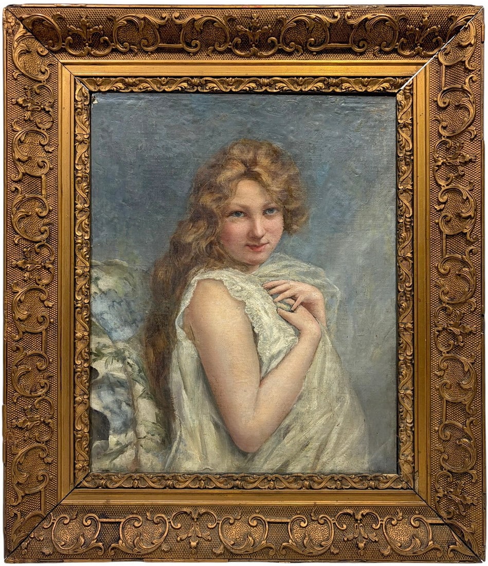 Antique European Girl Oil Painting on Cardboard: Antique European girl oil painting on cardboard. Depicts a young girl with flowing hair and white draped garment, seated against a soft blue-gray background.Work Size: 18 x 15 in.Dimensions: 25 X