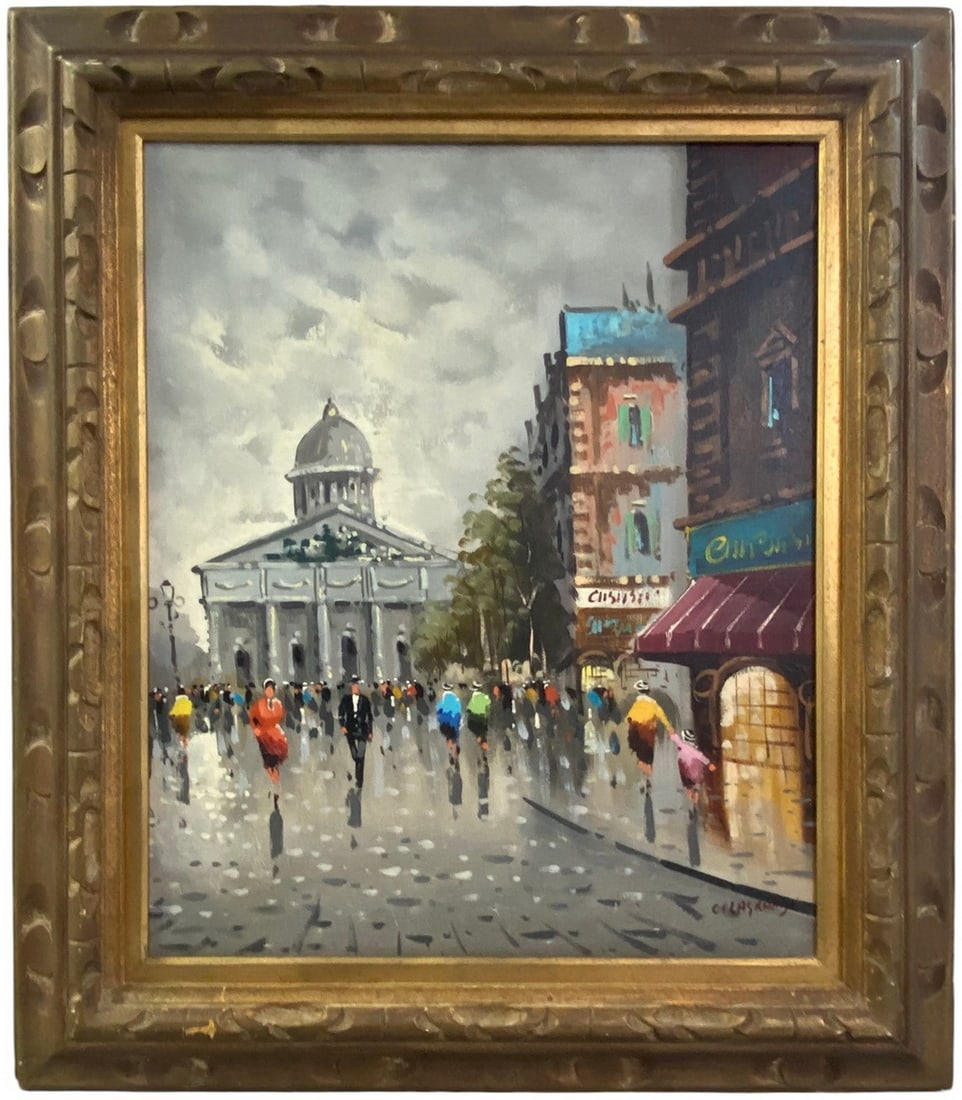 Parisian Street Oil on Canvas after Antonio DeVity: Antonio DeVity (Italian, 1901 - 1993) oil painting on canvas depicting a lively city street on a rainy day, with figures walking toward a grand domed building in the background. Signed to the lower ri