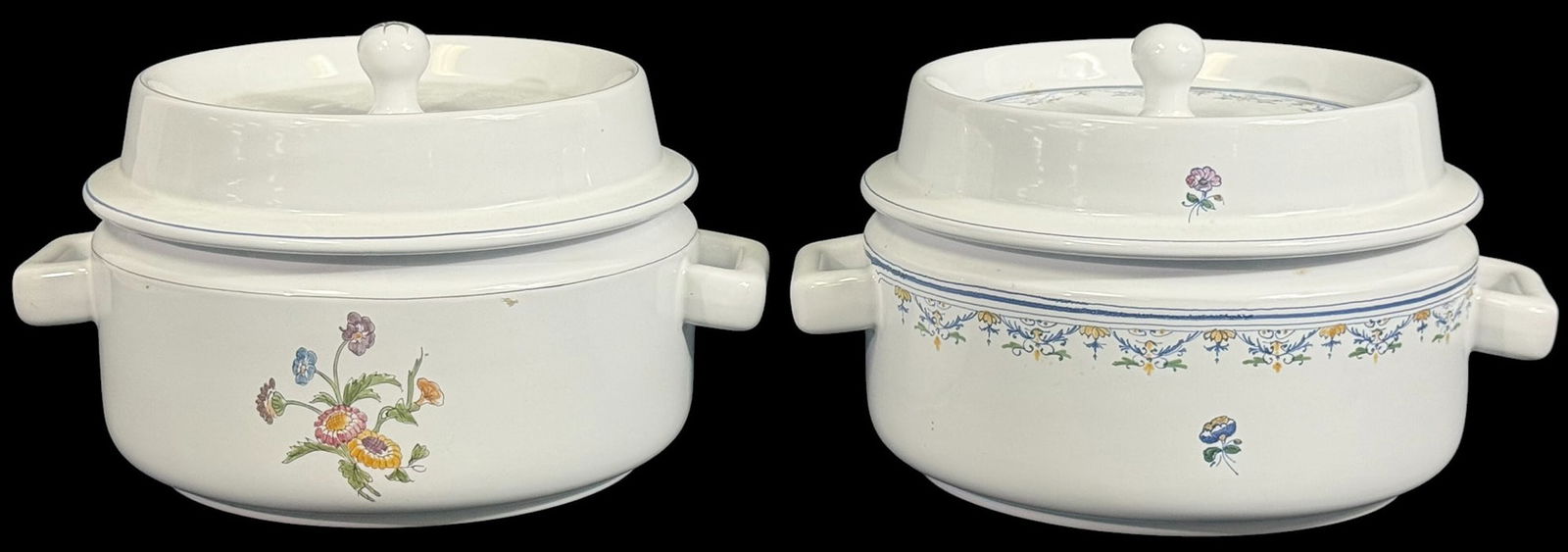 Pair of Atelier de Segries French Faience Tureens: Pair of hand-painted porcelain lidded tureens from Atelier de Segries, made in Moustiers-Sainte-Marie, France for The Pressman?s. Each tureen features traditional faience craftsmanship with floral