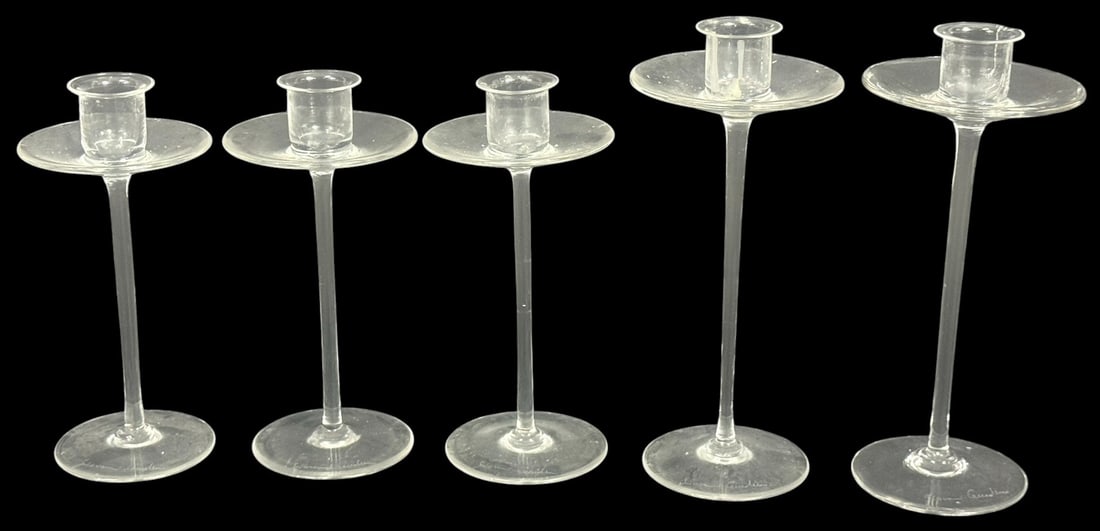 Giovanni Cenedese Crystal Candlestick Holders 5pcs: Giovanni Cenedese (Italian, born 1946) set of five clear crystal candlestick holders. Each features a modernist design with minimalist lines, disc-shaped bobeches and circular bases. Each candlestick