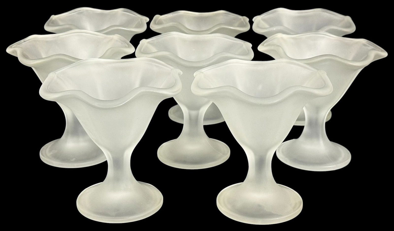 Italian Art Deco Frosted Glass Dessert Cups 8pcs: Set of eight Italian frosted glass dessert cups. Each cup retains an impressed 'Made in Italy' marking underneath its base. Each piece measures approximately 5.25 inches tall by 5.5 inches in