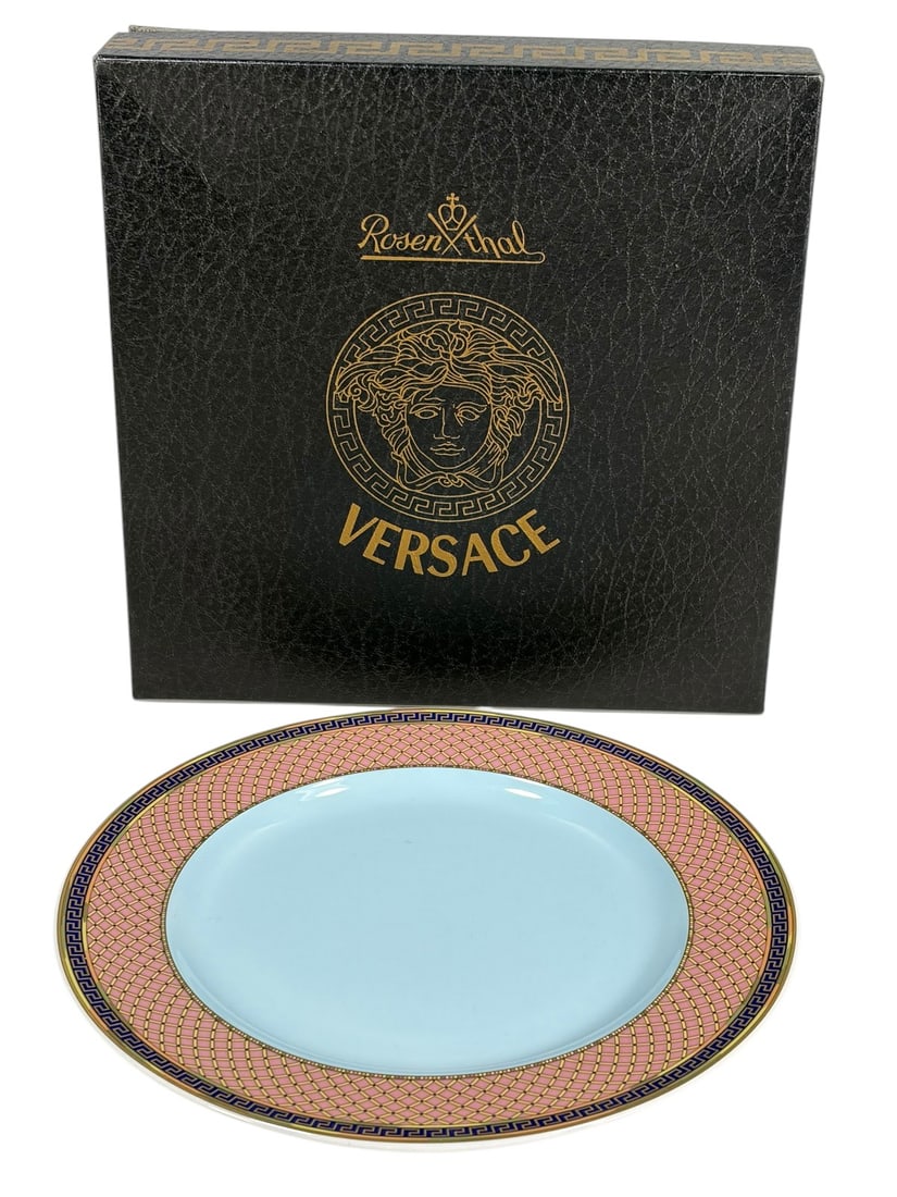 Rosenthal Versace Russian Dream Porcelain Plate: Rosenthal meets Versace Russian Dream plate. Sky blue center with pink and gold lattice border and deep navy Greek key trim. Polygon, Le Roi Soleil line. Germany. Marked black and gold Versace Medusa