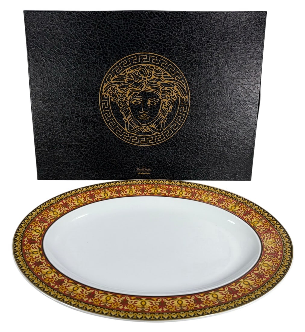 Rosenthal Versace Medusa Porcelain Oval Tray: Rosenthal Versace 'Medusa' oval serving tray from the Studio-Line Ikarus collection. Crafted in fine porcelain, decorated in red, black, and gold with intricate baroque motifs, and bearing the Medusa