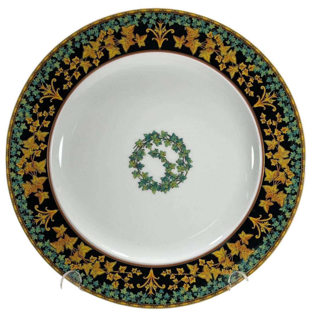 Rosenthal Versace Gold Ivy Studio Line Plate 10.5": Rosenthal Studio Linie for Versace Gold Ivy plate. Botanical motif with gold and teal ivy leaves on jet black rim, vines and baroque flourishes. Central green ivy wreath. Versace Medusa black and gold