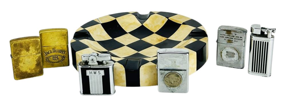 Marble Ashtray w/ Zippo Ronson Vulcan Lighters LOT: Includes a Mid Century Modern round checkered marble stone cigarette/cigar ashtray bowl with four lip rests, accompanied by six pocket cigarette cigar lighters examples with military unit marking, Jac