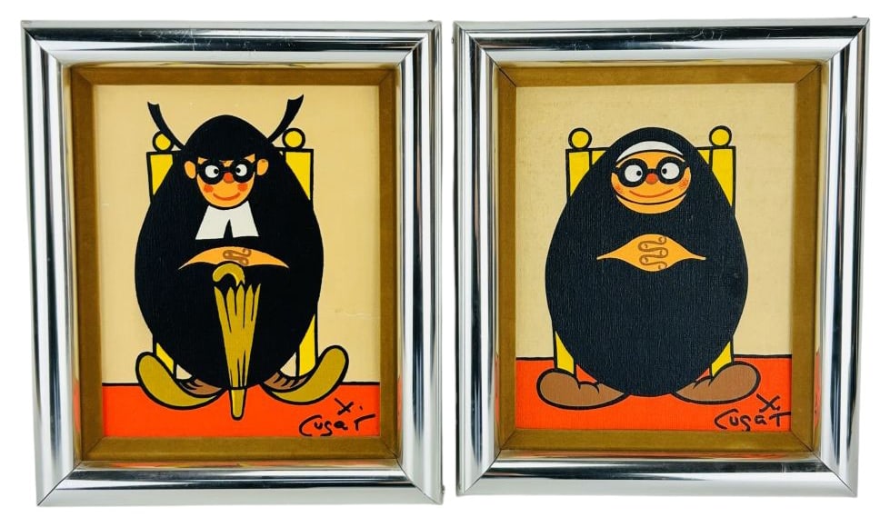 Xavier Cugat 1900-1990 Nun & Priest Paintings PAIR: Xavier Cugat (Spanish, 1900-1990), pair of oil paintings on canvas board. One depicts a seated nun, the other a priest, both shown with rounded forms and stylized features. Signed lower right. Each