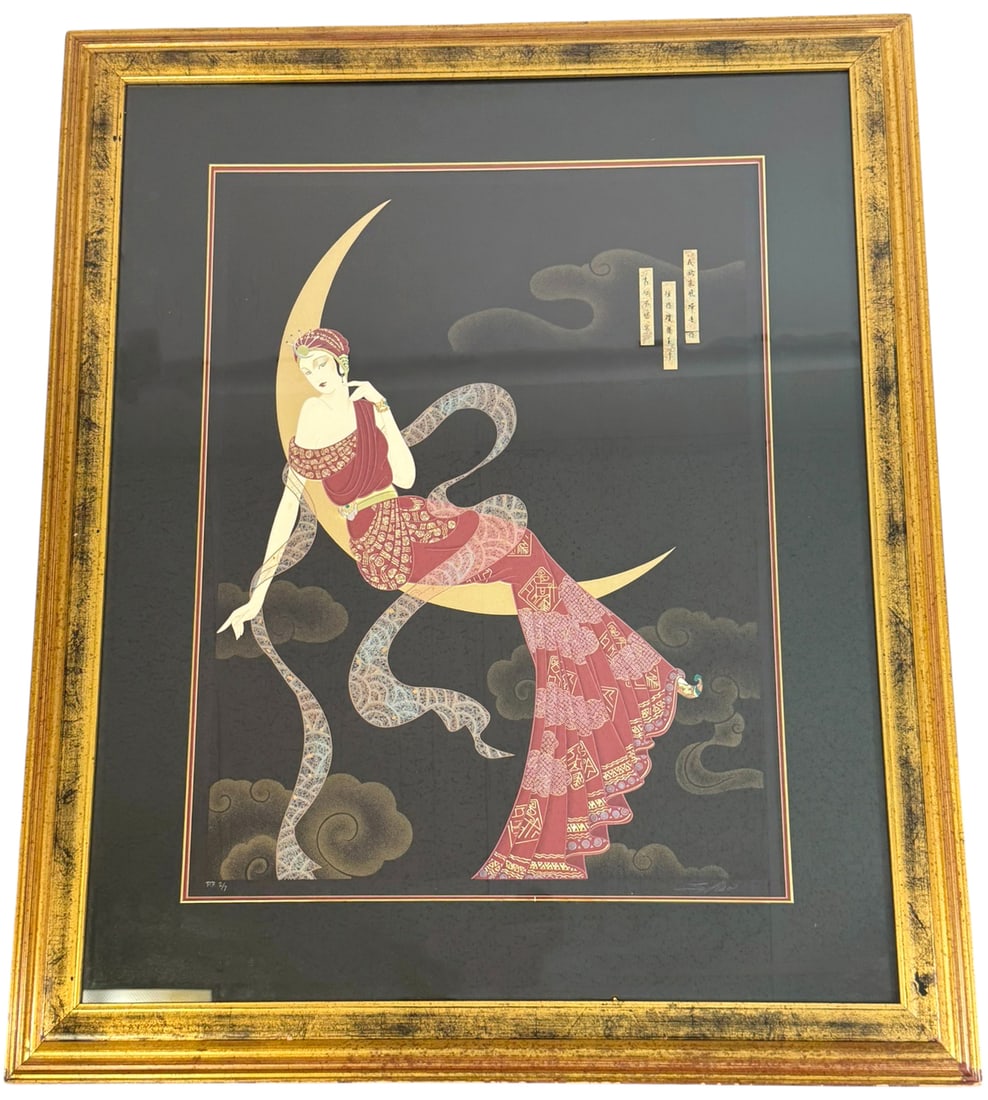 Lillian Shao 'Autumn Moon' L/E Embossed Serigraph: Lillian Shao (American, 20th/21st century) artist's proof limited edition, Art Deco-inspired, embossed color serigraph titled 'Autumn Moon'. Depicting a graceful woman adorned in intricate garments