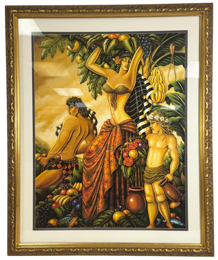 Chris Collins 'Harvest Passion' Offset Lithograph: Chris Collins (American, 20th/21st century) large format offset color lithograph print on paper titled 'Harvest Passion'. Featuring three muscular figures, two women and a youth, surrounded by an